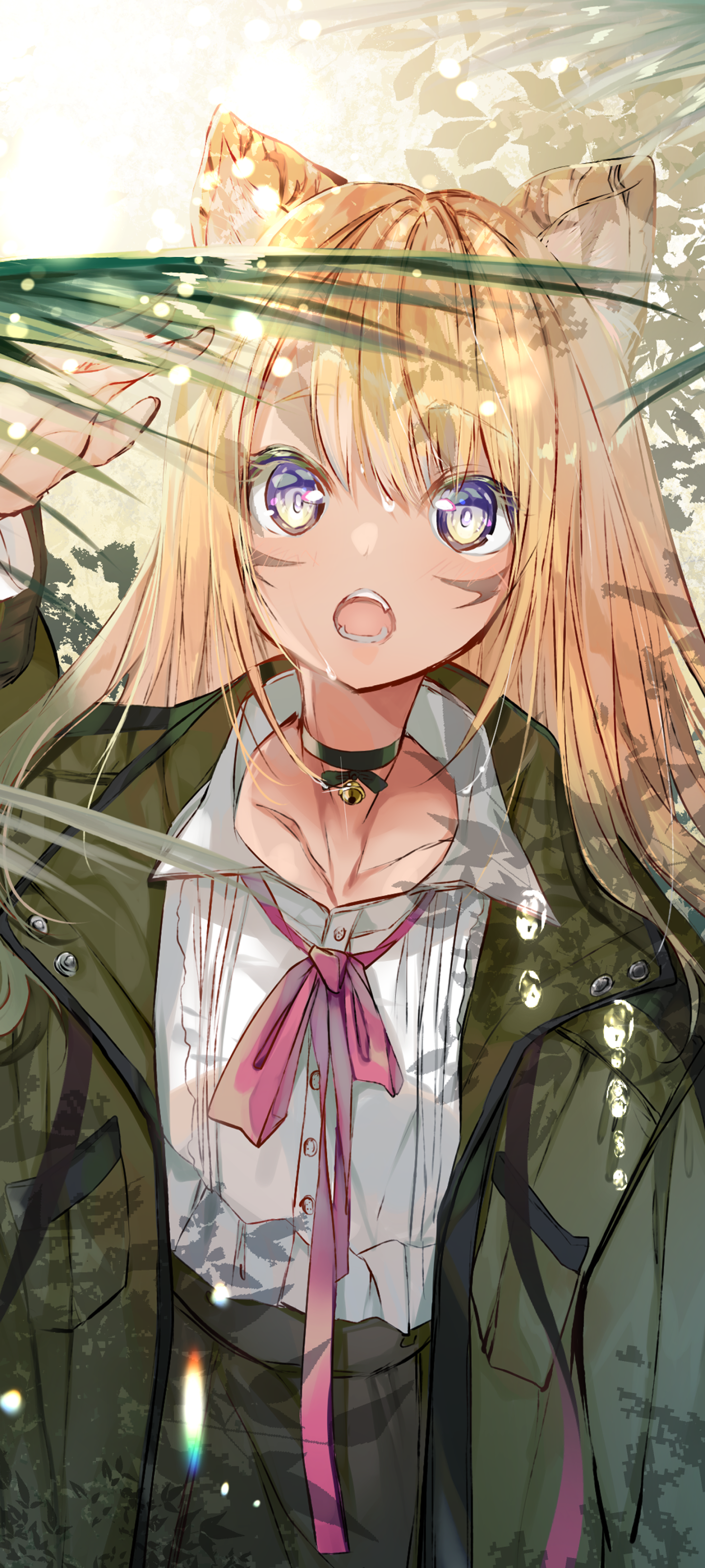 Anime-style blonde girl with animal ears, bright blue eyes, and a school uniform, set against a sunlit, natural background—designed as a phone wallpaper for iPhones and Android devices.