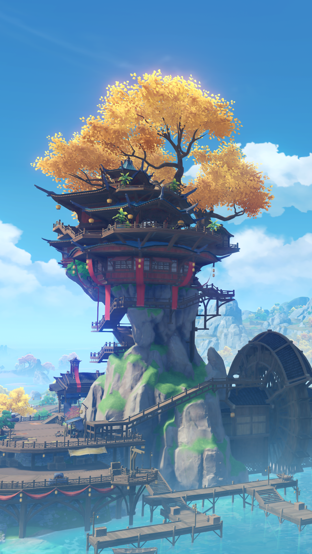 Phone wallpaper of Liyue (Genshin Impact) from the video game Genshin Impact: a golden-leaved tree atop a cliffside pavilion overlooking wooden docks and turquoise sea.