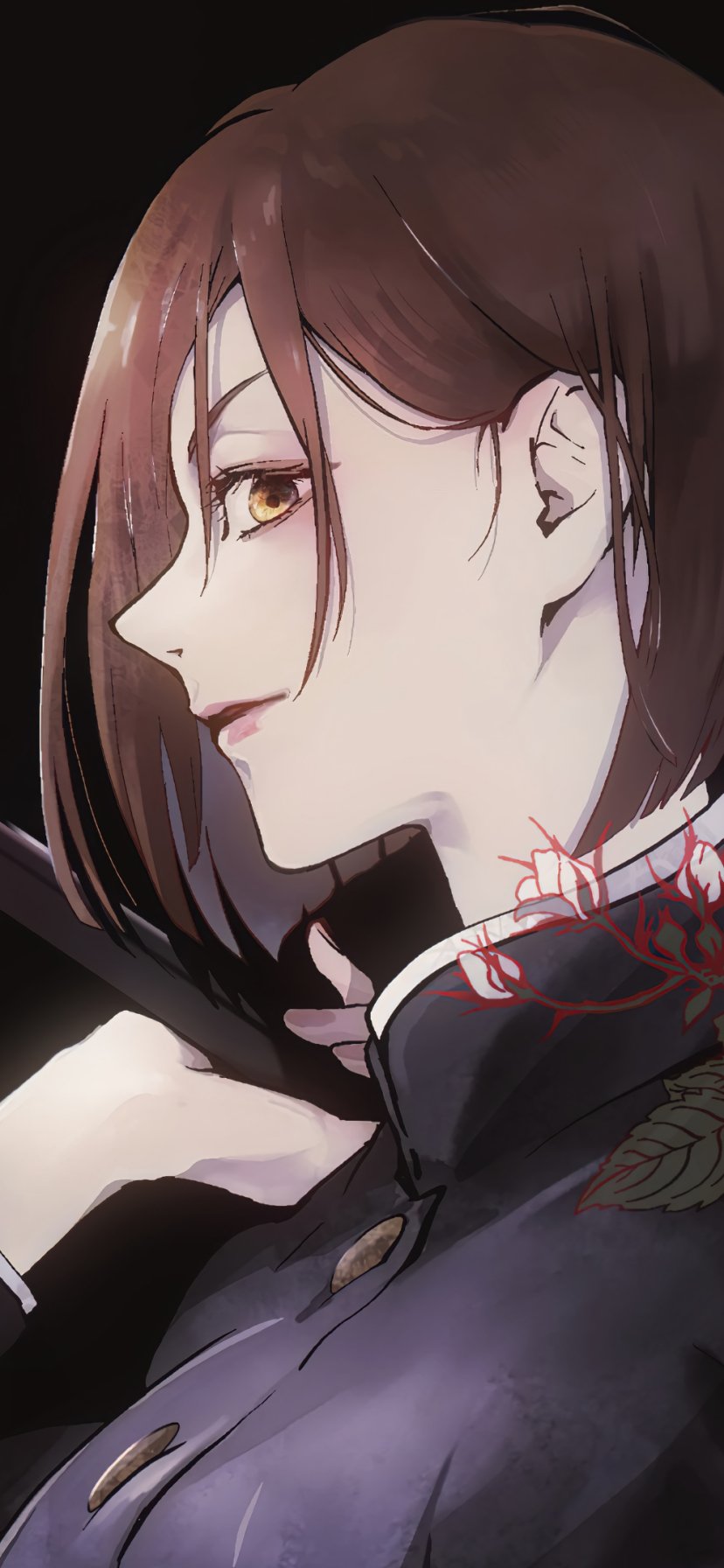 Anime-style phone wallpaper featuring Nobara Kugisaki from Jujutsu Kaisen with brown hair in a dark outfit, showcased in a close-up side profile.