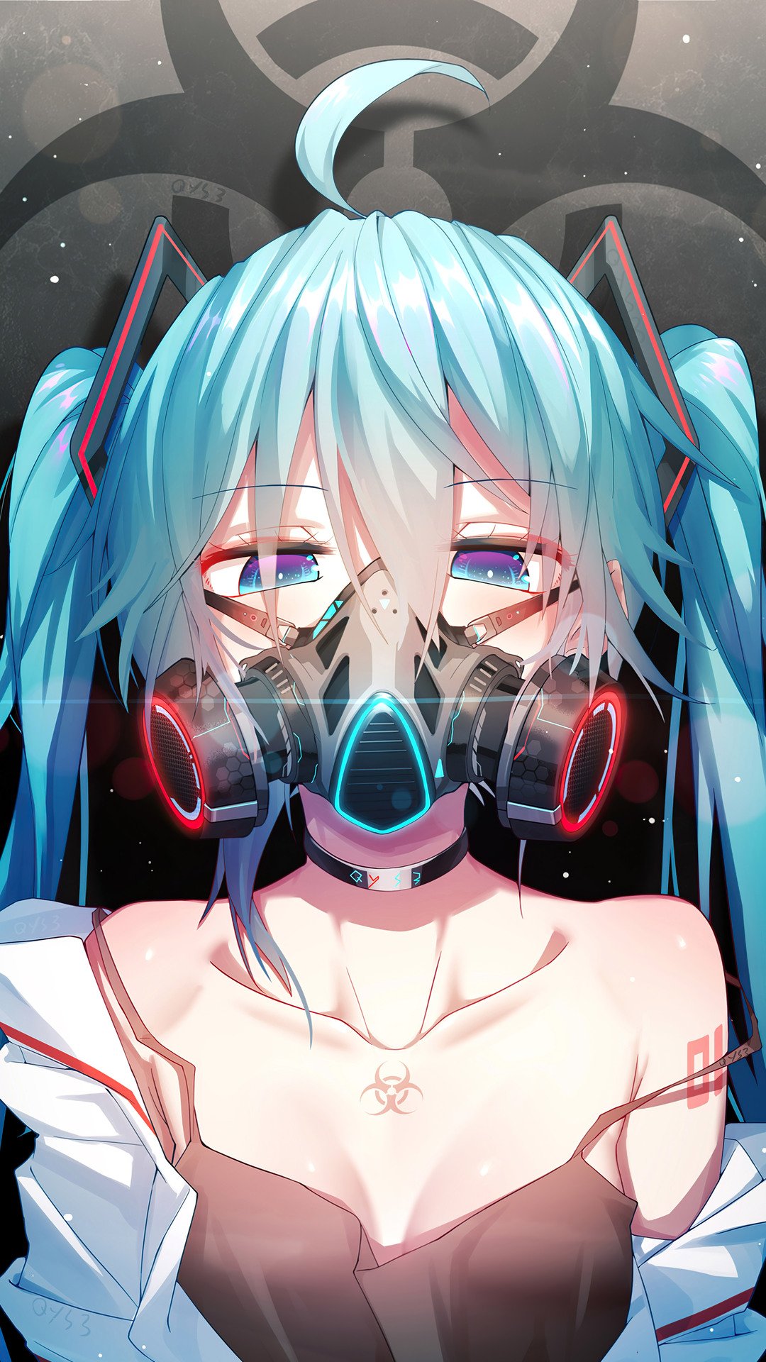 Phone wallpaper featuring Hatsune Miku from Vocaloid in anime style, with teal twin-tails and a futuristic gas mask, designed for iPhone and Android screens.