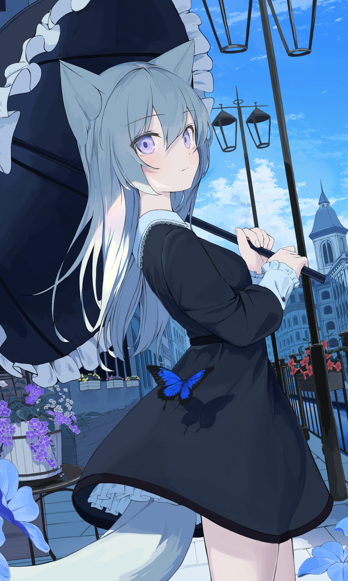 Phone wallpaper of an anime girl with silver hair and animal ears in a black dress holding a parasol on a riverside city street, a blue butterfly accent and bright blue sky.