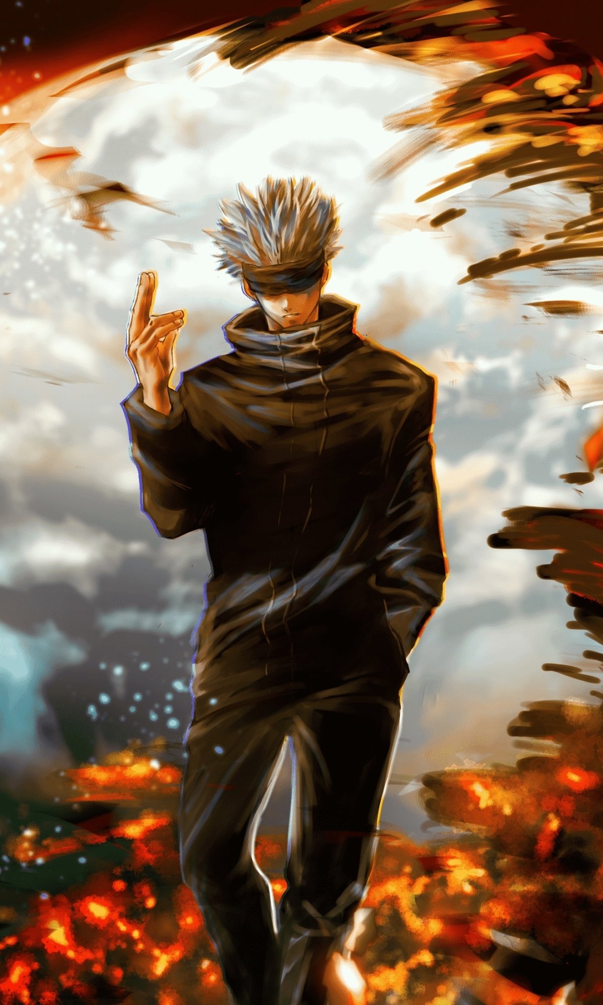 Phone wallpaper featuring Satoru Gojo from Jujutsu Kaisen, showcasing dynamic flames and smoky clouds, designed for both iPhone and Android screens.
