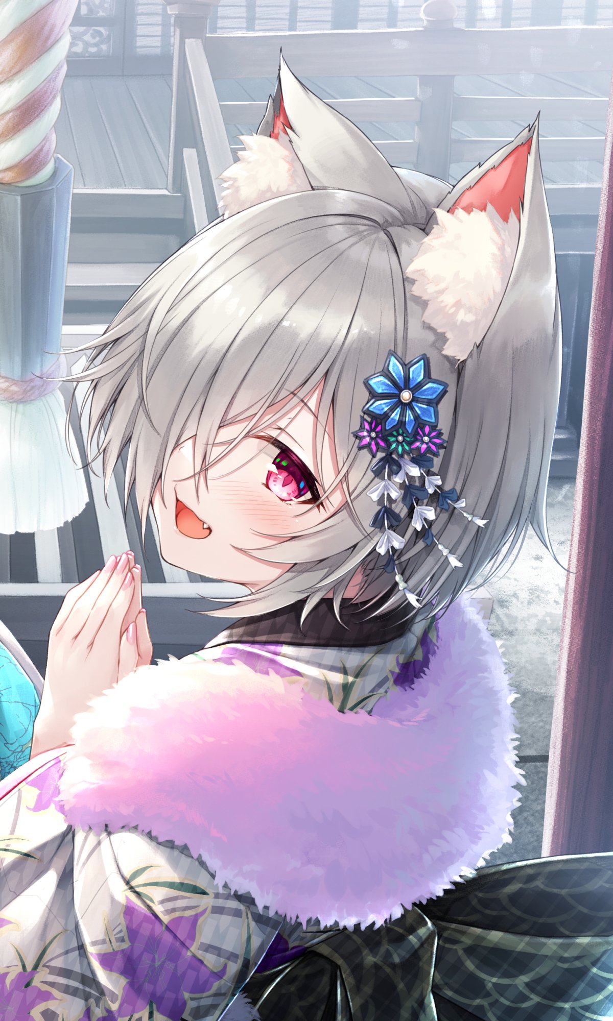 Phone wallpaper of an anime girl with white hair, animal ears and purple eyes; she smiles over her shoulder, wearing a floral hairpin and a fluffy pink collar.