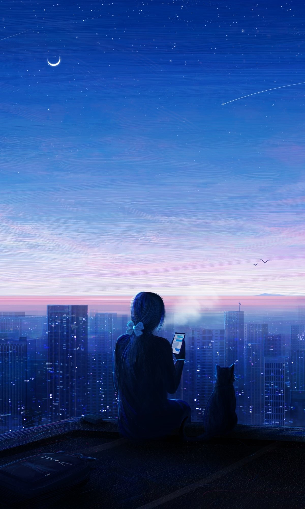 Anime phone wallpaper: an anime girl and her cat sit on a rooftop at night, overlooking a glowing city beneath a crescent moon and a shooting star.