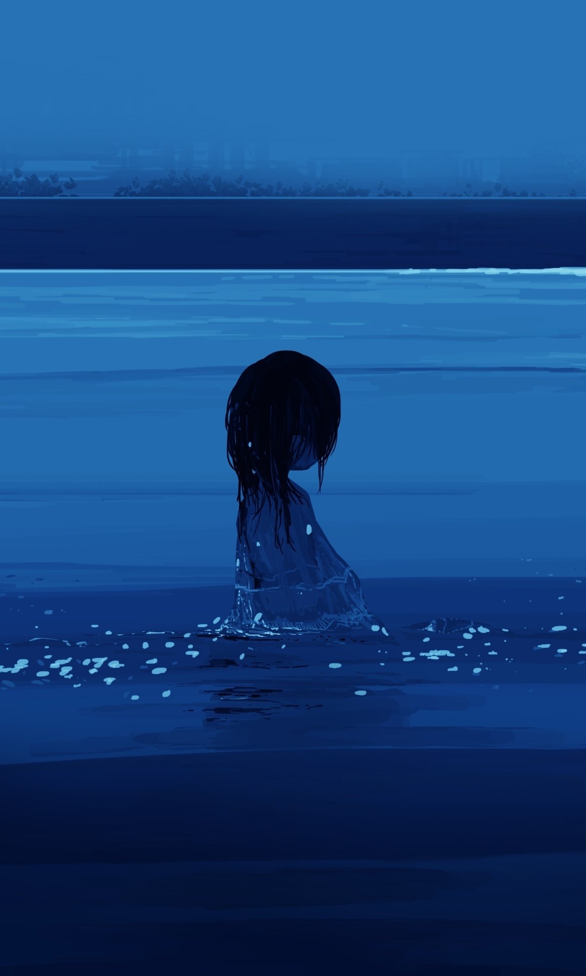 Phone wallpaper of an anime girl wading in deep blue water, her back turned as ripples and scattered light shimmer around her beneath a calm horizon.