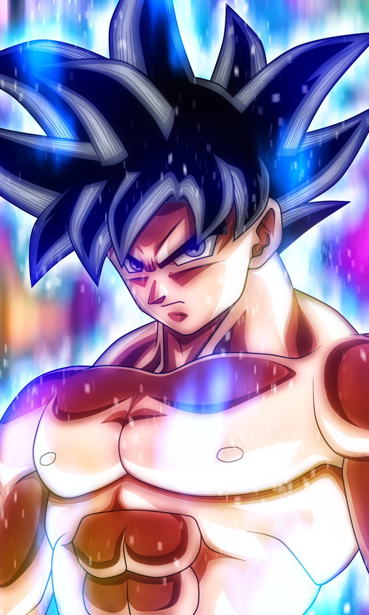 Vibrant phone wallpaper of Goku from Dragon Ball Super, featuring intense energy and glowing effects, compatible with both iPhone and Android screens.