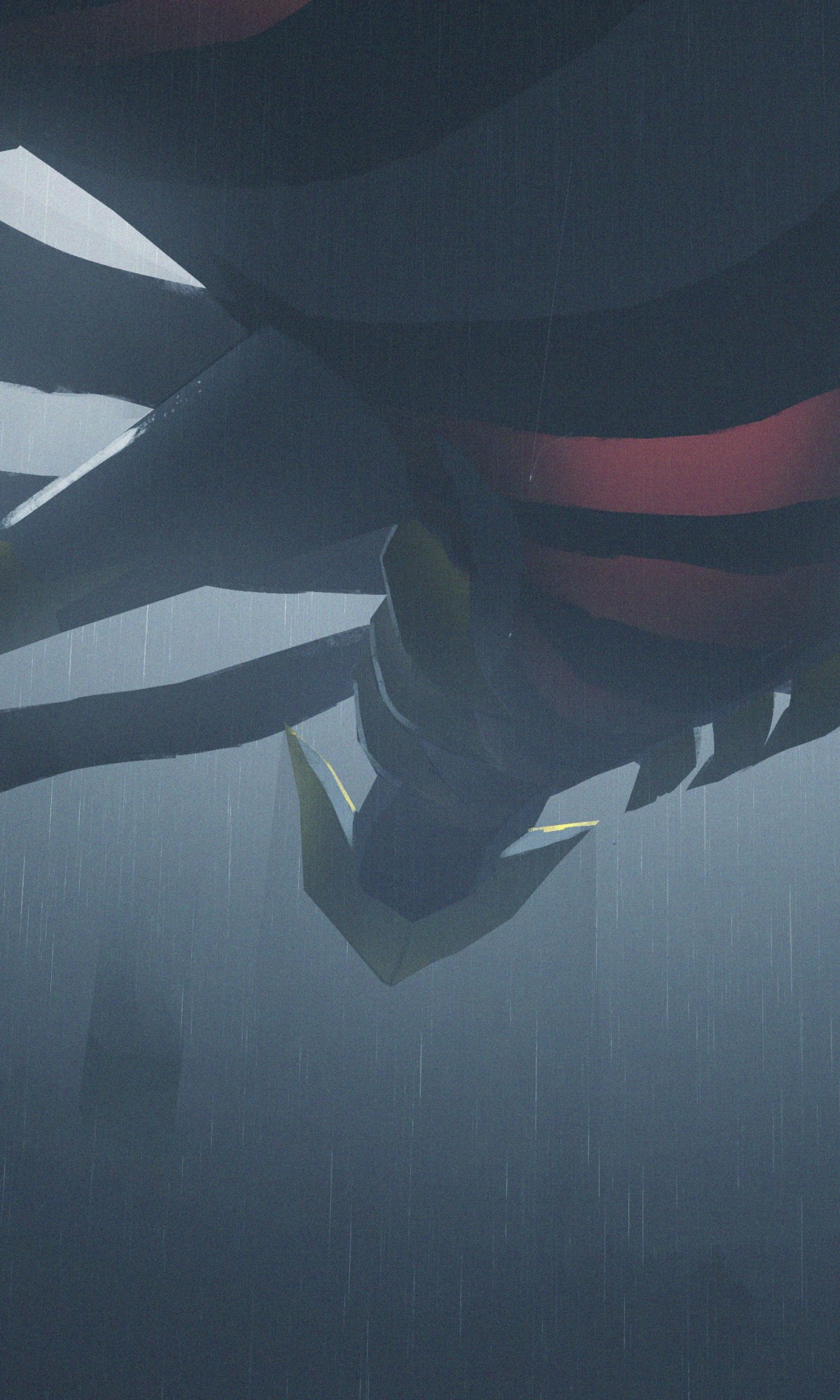 Vertical phone wallpaper of Giratina (Pokémon) in anime style — looming in rain with dark, swirling wings, red-striped body and glowing gold accents, moody foggy atmosphere.