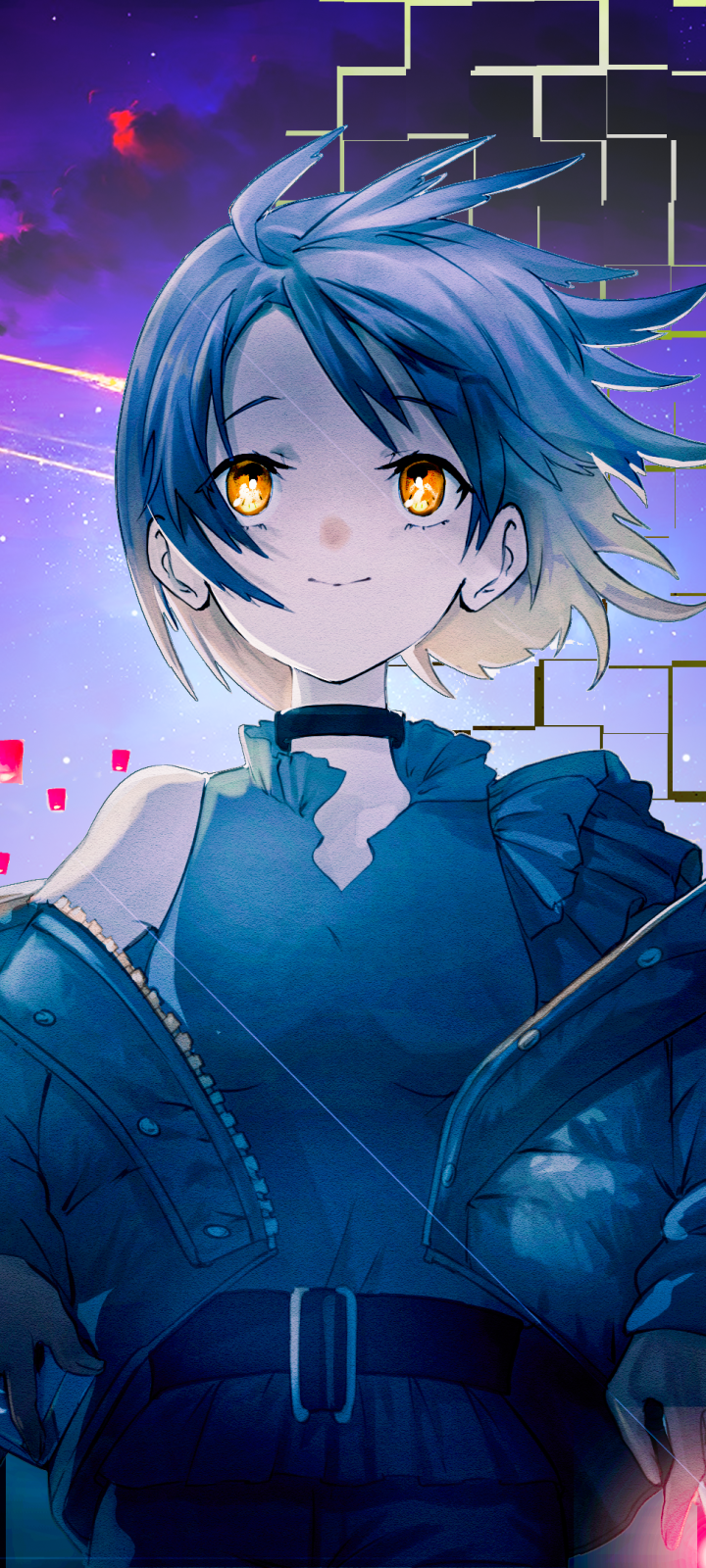 Anime girl phone wallpaper: blue‑haired girl with glowing amber eyes, wearing a dark jacket and choker, framed by a starry violet sky and glowing geometric accents.