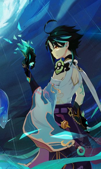 Phone wallpaper showing Xiao (Genshin Impact) from the video game Genshin Impact: brooding Adeptus in teal and navy hues, summoning glowing energy against an ethereal background.