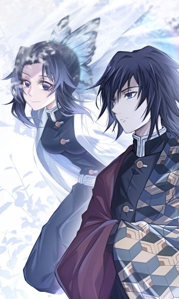 Phone wallpaper for iPhone and Android of Giyuu Tomioka and Shinobu Kochou from Demon Slayer: Kimetsu no Yaiba — anime portrait with soft blues and butterfly accents.