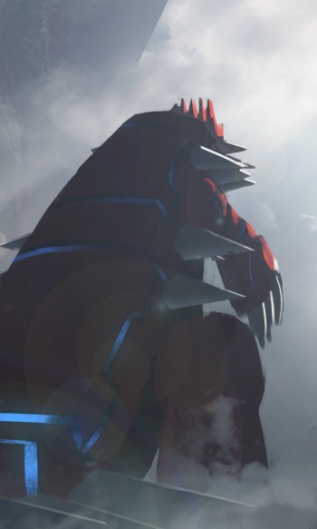 Phone wallpaper of Groudon (Pokémon) in anime style: towering, armored titan rising from misty mountains with glowing blue and red accents and dramatic backlighting.