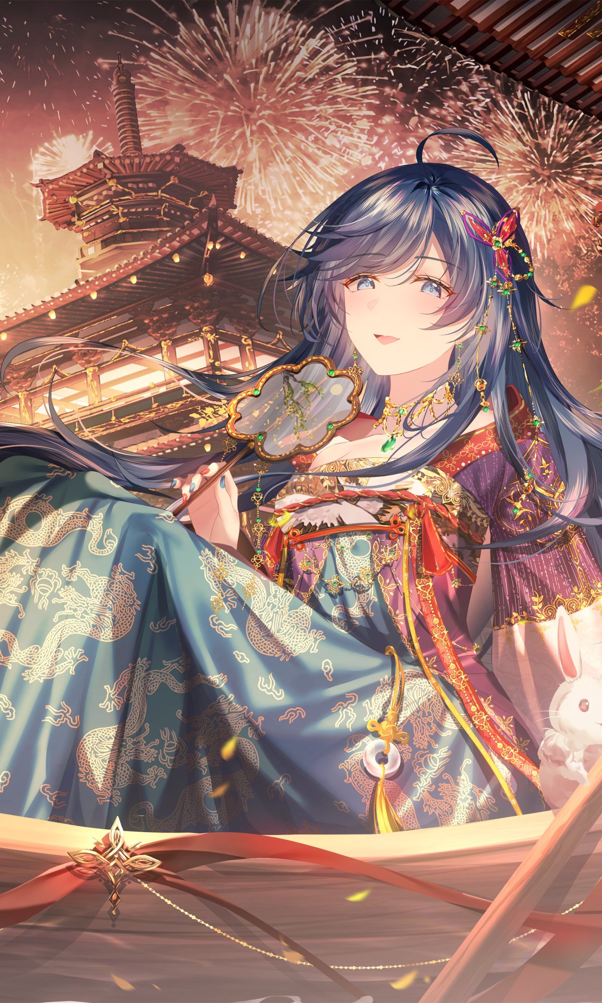Phone wallpaper showing an anime girl with flowing blue hair in an ornate kimono, holding a fan on a temple balcony as colorful fireworks bloom across the night sky.