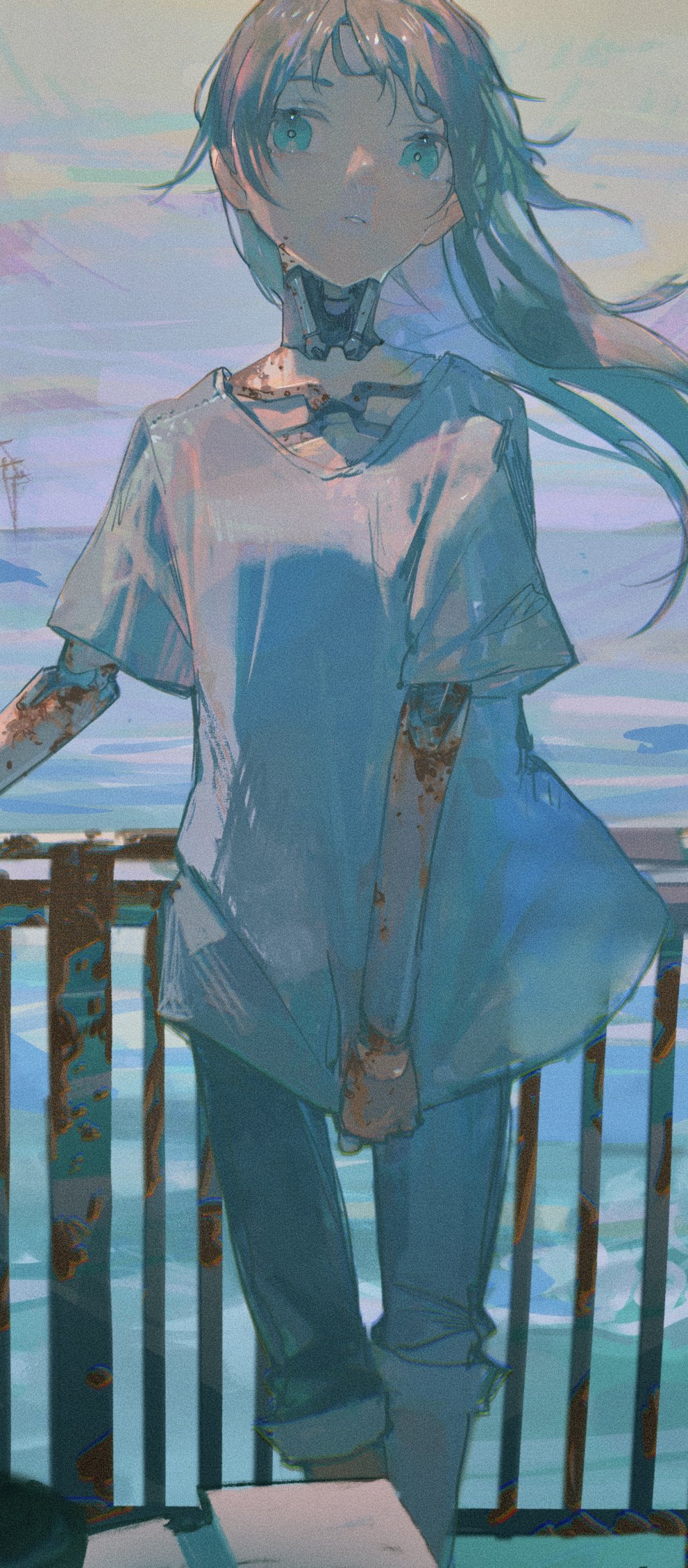 Phone wallpaper of a cyborg anime girl at a seaside railing, loose blue shirt, exposed mechanical neck and forearms, wind-tossed hair beneath a soft, melancholic sky.