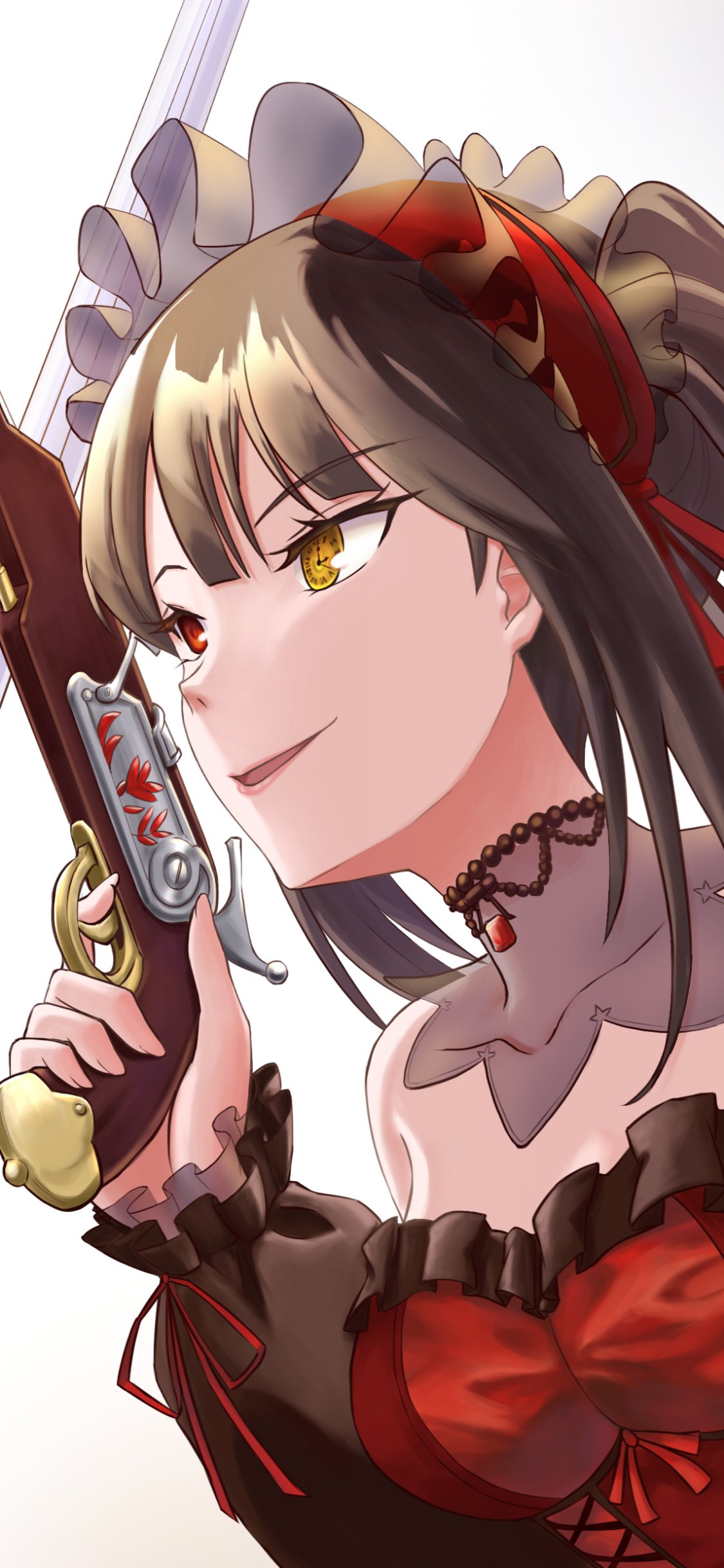 Phone wallpaper featuring Kurumi Tokisaki from Date A Bullet with heterochromia, holding a flintlock pistol, in detailed anime style for iPhones and Android devices.
