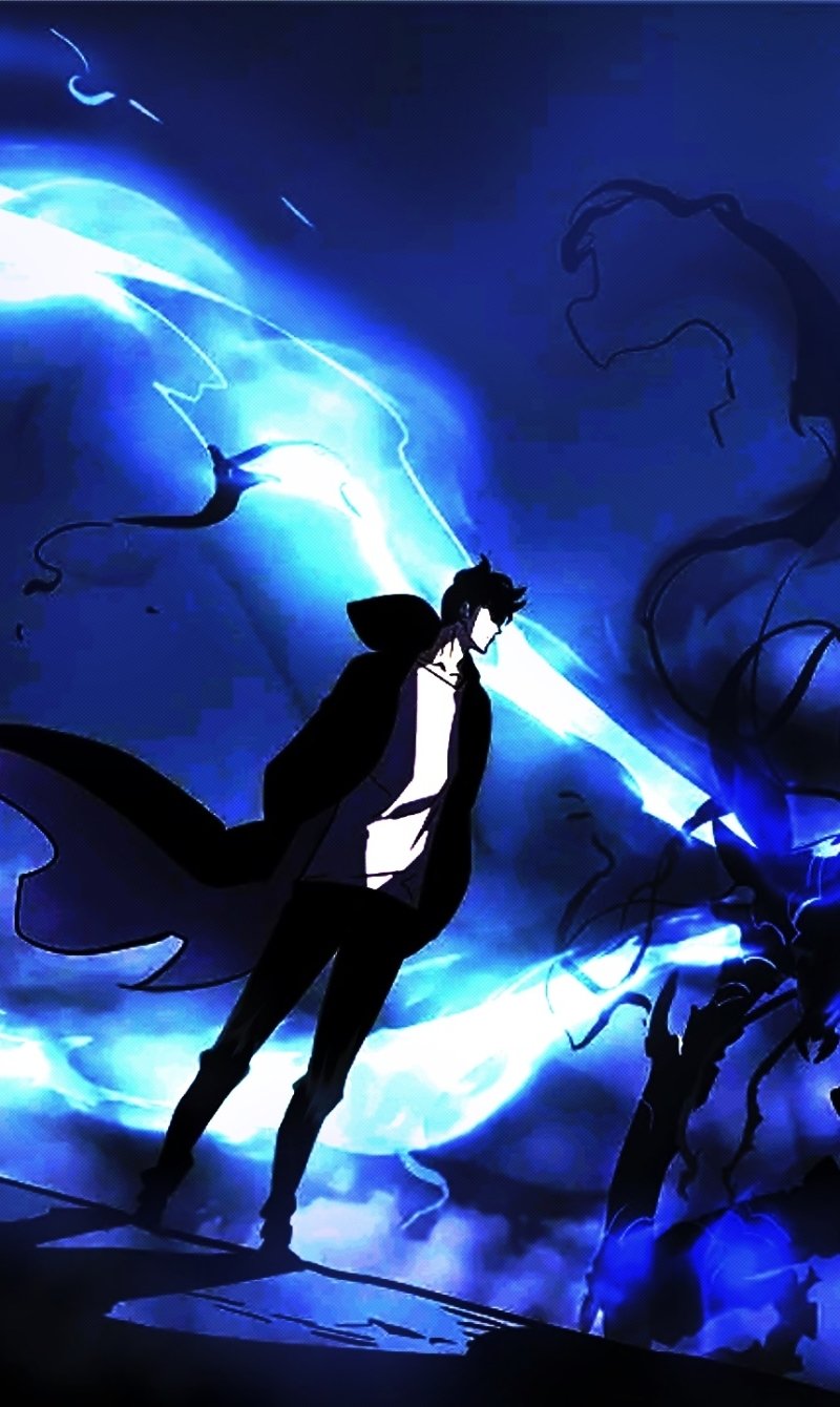 Phone wallpaper of Solo Leveling anime: Sung Jin-Woo stands in silhouette amid swirling blue shadows and energy as Beru emerges beside him.