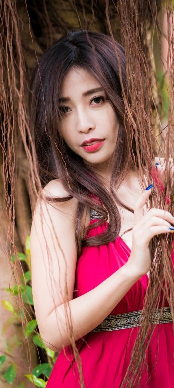 black hair red dress lipstick model woman asian Phone Wallpaper