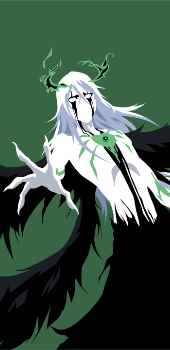 Phone wallpaper of Ulquiorra Cifer from Bleach: stylized anime portrait with long white hair, hollow-mask horns, glowing green energy streaks and flowing black wings against a deep green backdrop.