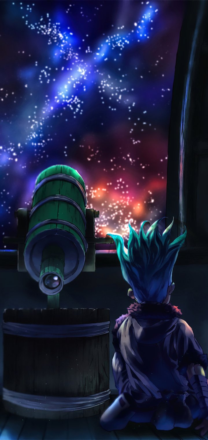 Phone wallpaper featuring Senku Ishigami from Dr. Stone gazing through a telescope at a vibrant, star-filled night sky, designed for both iPhone and Android screens.