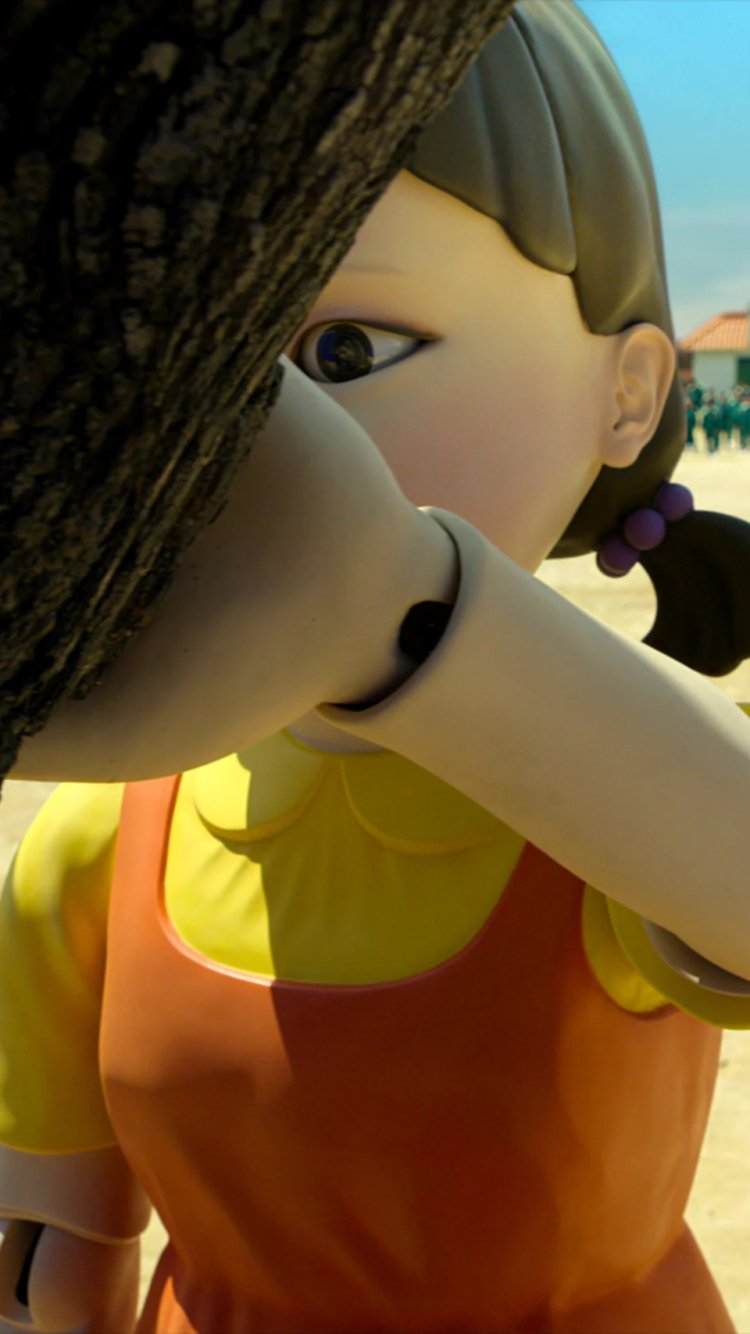 Phone wallpaper featuring the giant doll from the TV show Squid Game, designed to fit both iPhone and Android screens.
