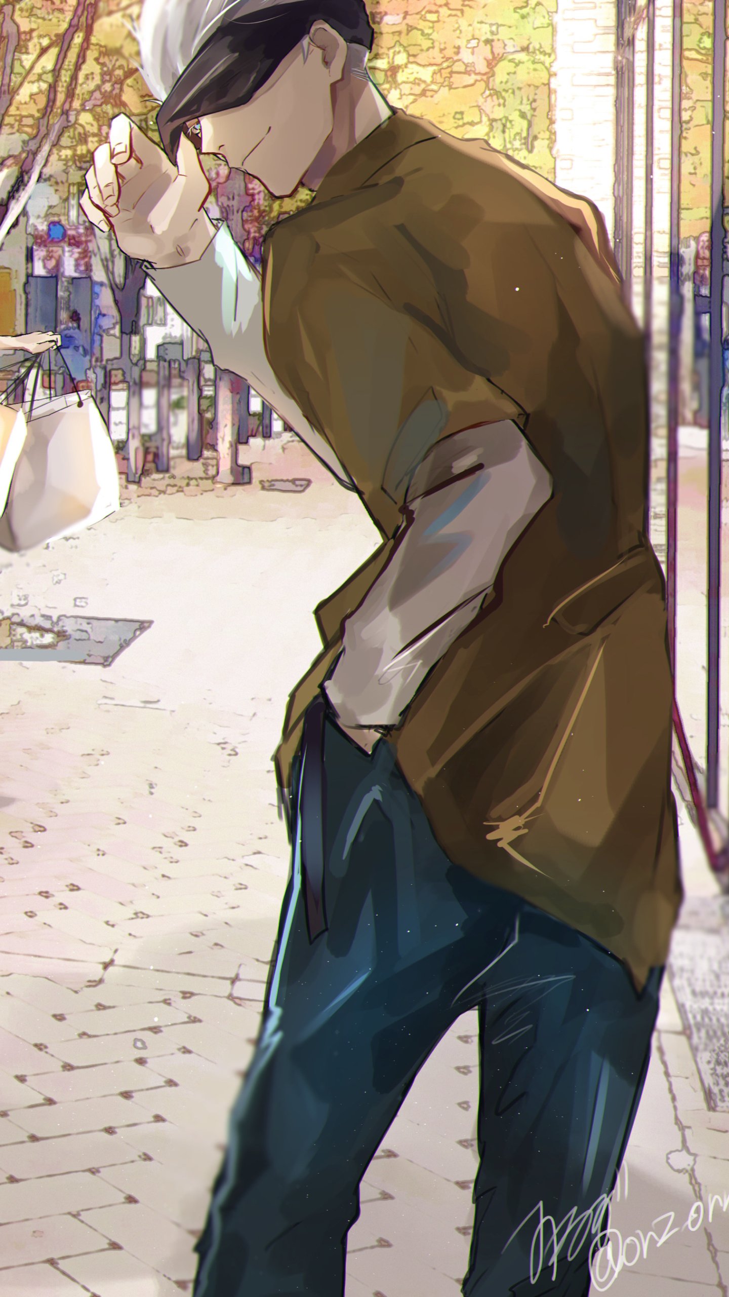 Phone wallpaper featuring Satoru Gojo from Jujutsu Kaisen in casual clothes, set against a sunlit urban background, designed for both iPhone and Android screens.