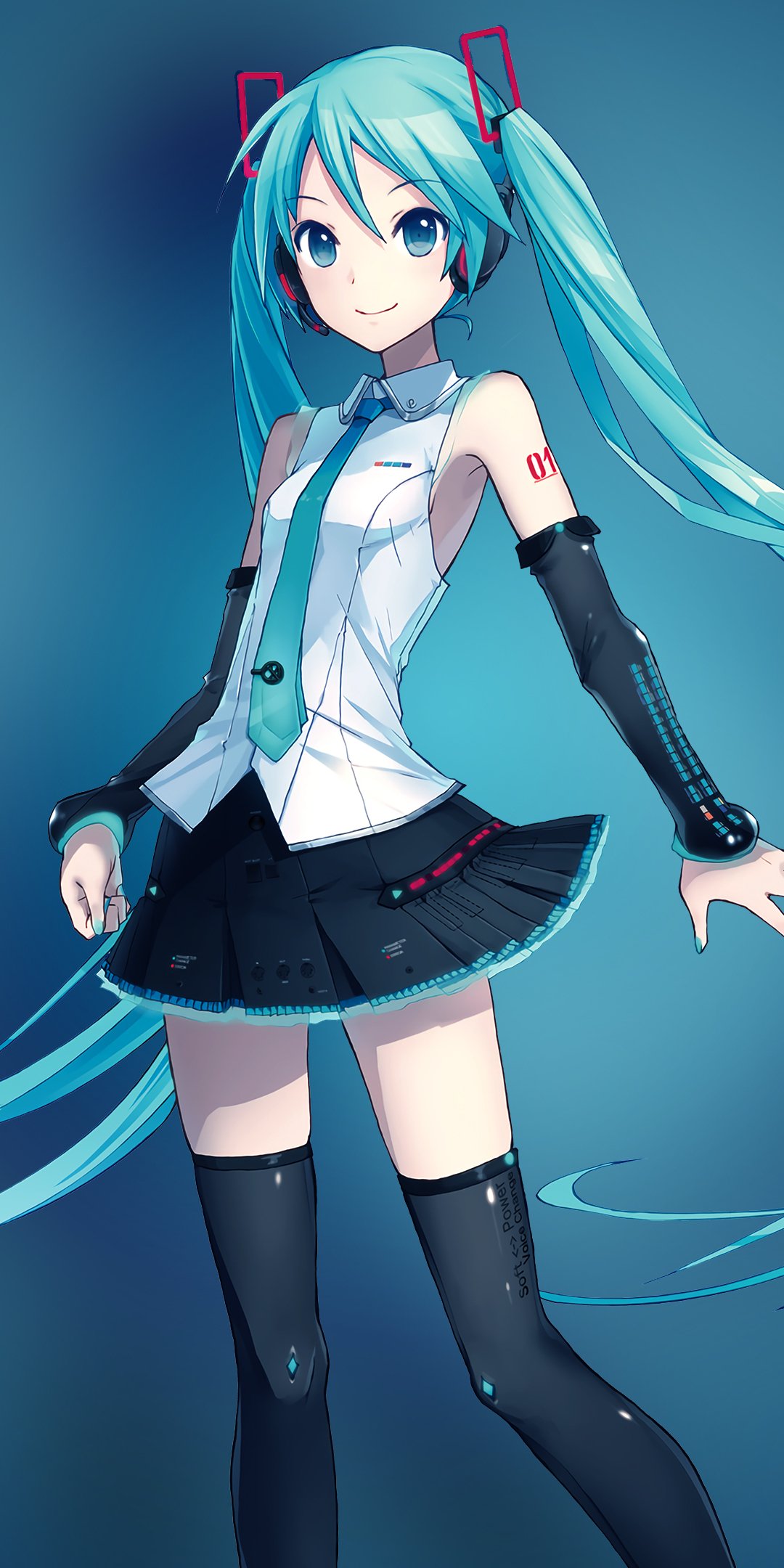 Phone wallpaper of Hatsune Miku (Vocaloid) with aqua twin-tails and eyes, wearing a tie, white sleeveless top, black skirt and arm warmers against a soft blue gradient background.