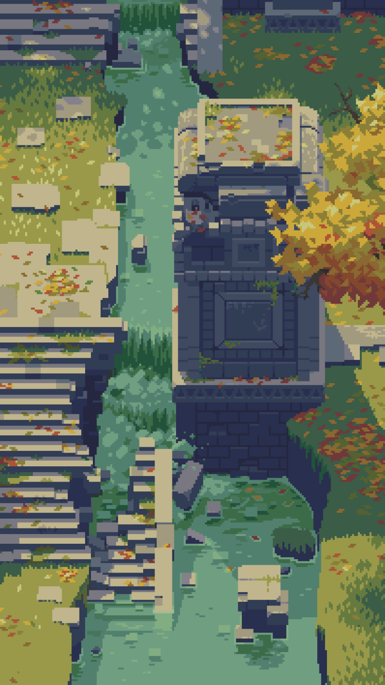 Artistic pixel art showing a top-down view of an ancient, overgrown stone ruin with fallen leaves, designed as a vibrant phone wallpaper for iPhones and Android devices.