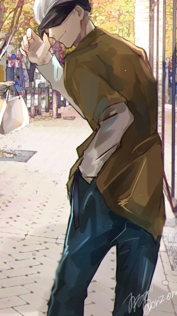 Phone wallpaper featuring Satoru Gojo from Jujutsu Kaisen in casual clothes, set against a sunlit urban background, designed for both iPhone and Android screens.