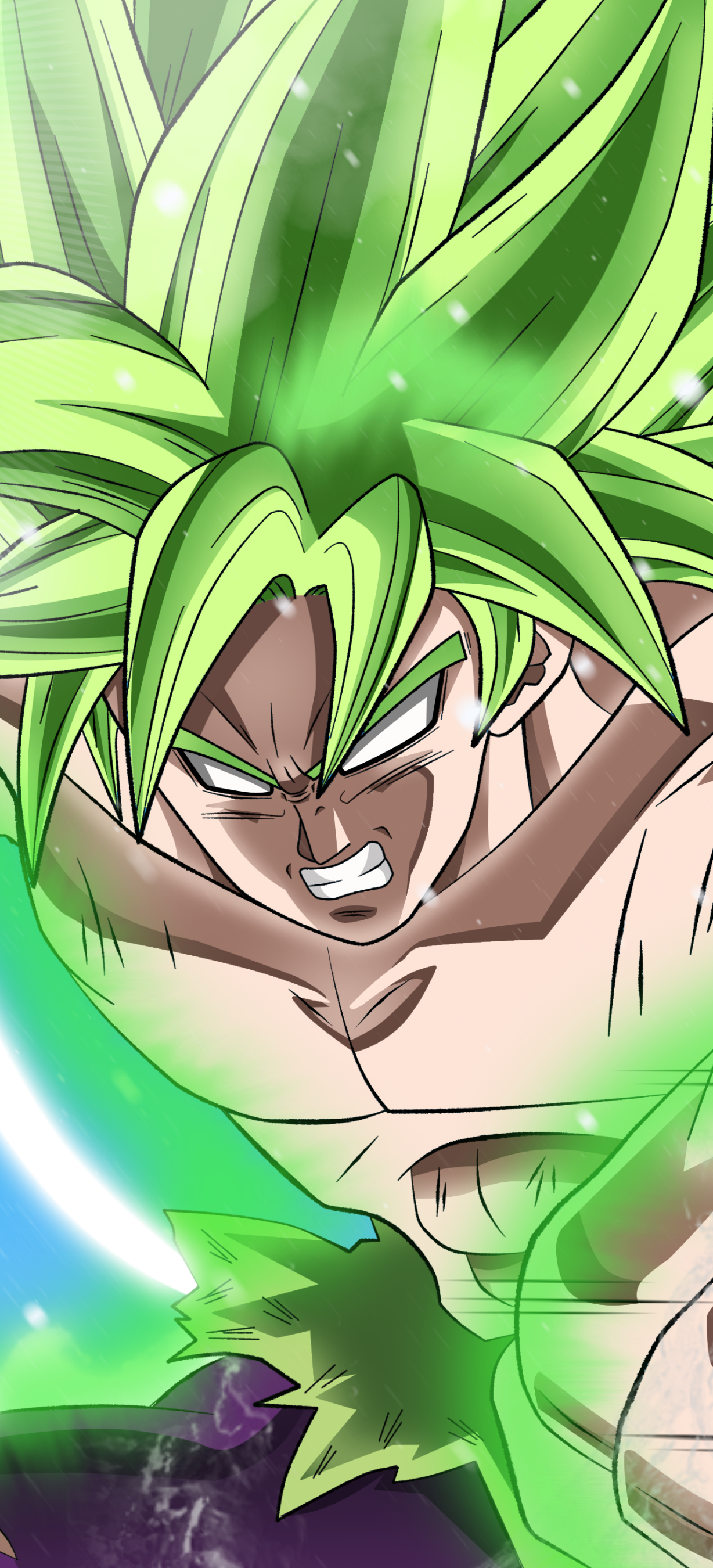 Phone wallpaper of Broly (Dragon Ball) from the anime film Dragon Ball Super: Broly — green-haired Super Saiyan roaring with a glowing green aura and clenched fists.