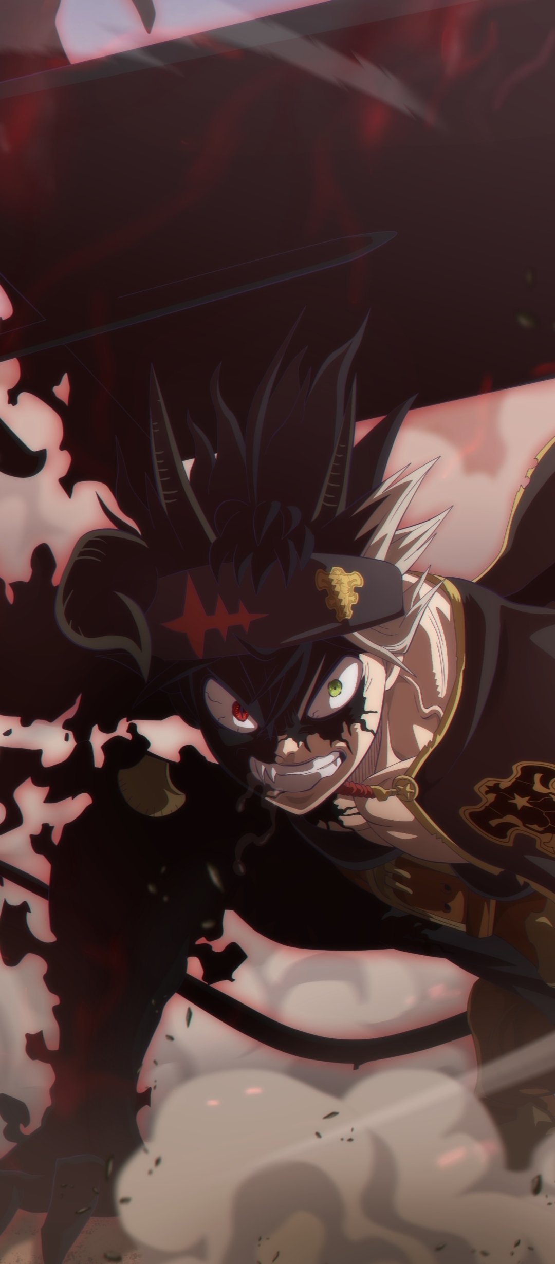 Asta from Black Clover in anime style, charging forward with demonic black energy and a fierce glare — vertical phone wallpaper for iPhone and Android.