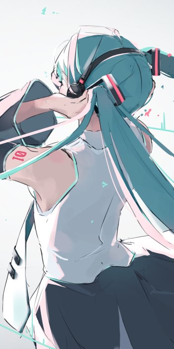 Phone wallpaper of anime Vocaloid Hatsune Miku seen from behind, adjusting headphones, teal twin-tails flowing, white sleeveless top and skirt with stylized pastel highlights.