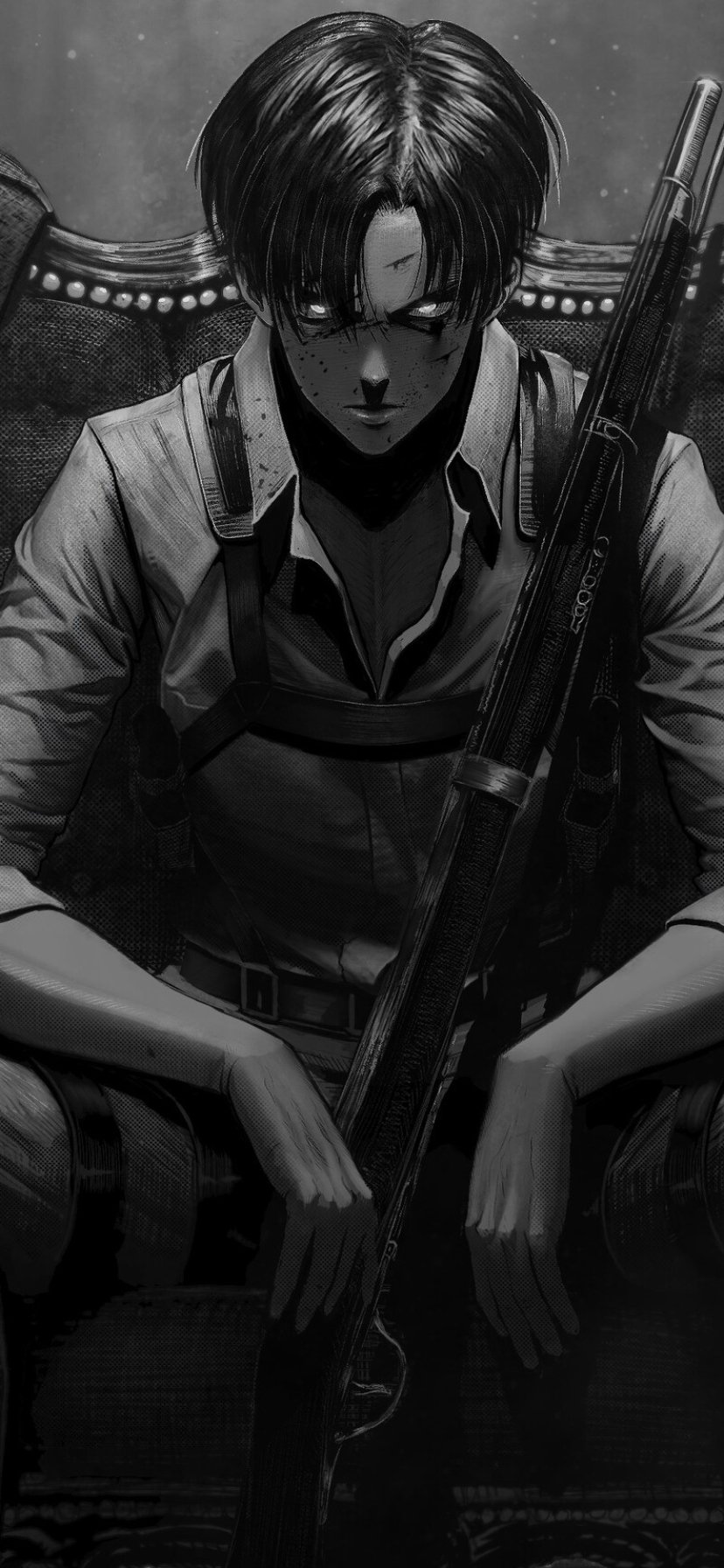Monochrome anime phone wallpaper of Levi Ackerman from Attack on Titan, seated in a shadowed uniform, gripping a rifle with an intense downward gaze.