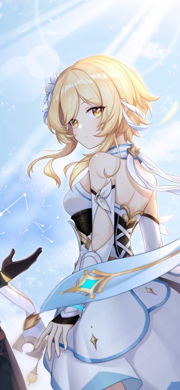 Phone wallpaper featuring Lumine from Genshin Impact, showcasing her in detailed anime style with a bright sky background, designed for iPhone and Android screens.