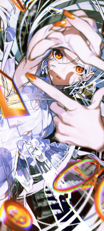 Vertical phone wallpaper of an anime girl with white hair and glowing orange eyes, hands framing her face, long orange nails, surrounded by swirling neon shapes and glitchy graphic elements.