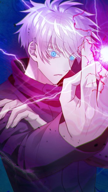 Phone wallpaper featuring Satoru Gojo from Jujutsu Kaisen with glowing blue eyes and purple lightning effects on a dark background, compatible with iPhone and Android screens.