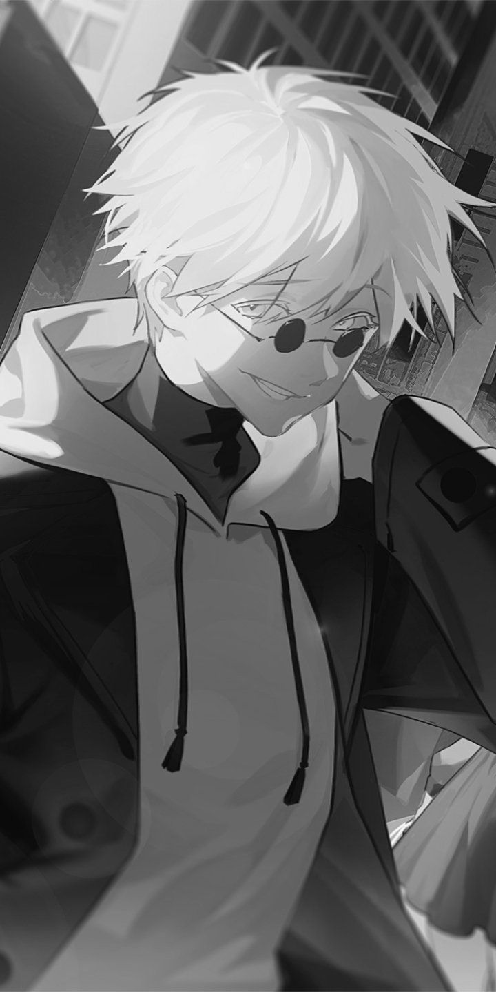 Monochrome vertical phone wallpaper of Satoru Gojo (Jujutsu Kaisen), cool expression with round dark glasses, hoodie and coat, formatted for iPhone and Android displays.