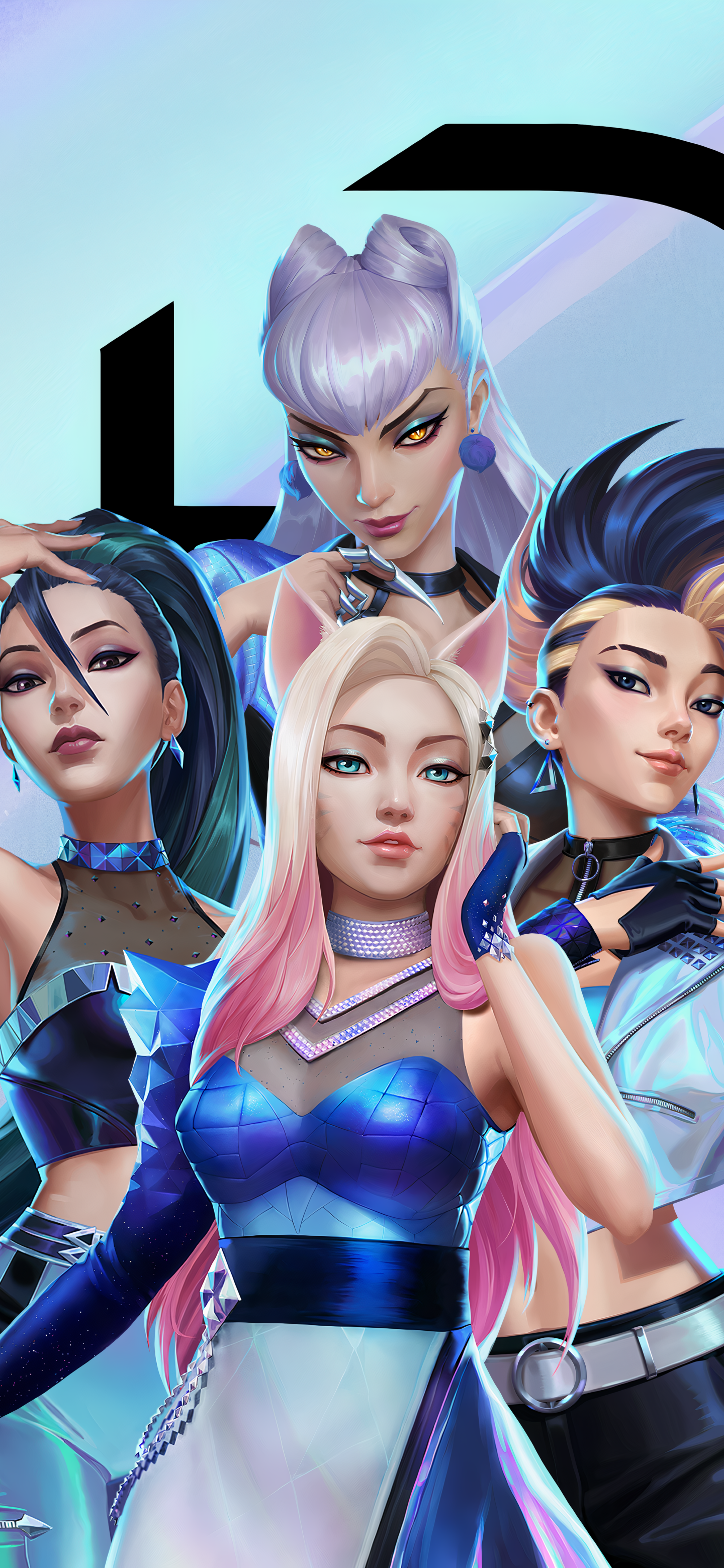 Phone wallpaper of K/DA K-pop group from League of Legends featuring Ahri, Kai'Sa, Akali, and Evelynn in stylized futuristic outfits.