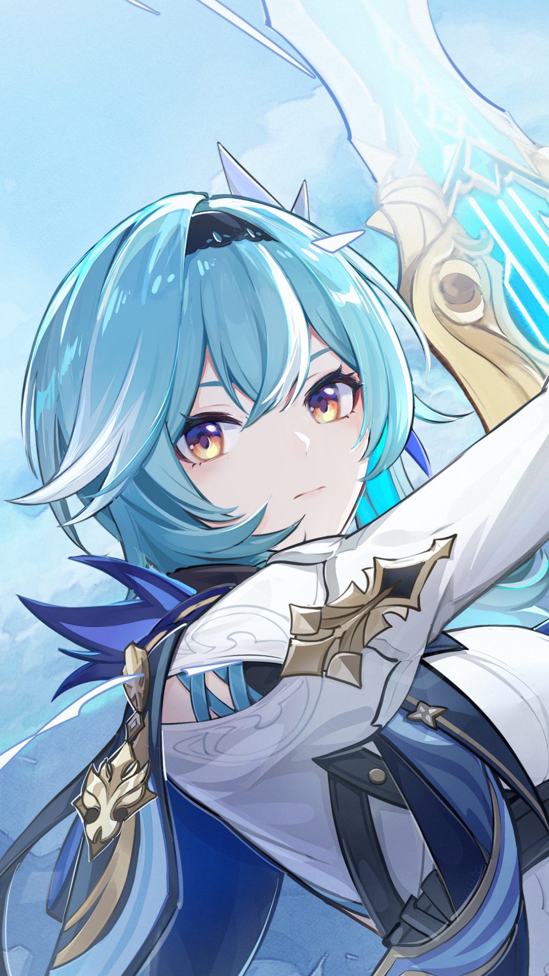Phone wallpaper featuring Eula from Genshin Impact, showcasing her detailed outfit and icy sword against a light blue background, designed for iPhone and Android devices.