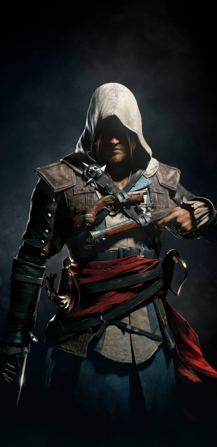 Phone wallpaper of Assassin's Creed IV: Black Flag — hooded Edward Kenway, pirate assassin with pistols, cutlass and red sash set against a dark, moody background.