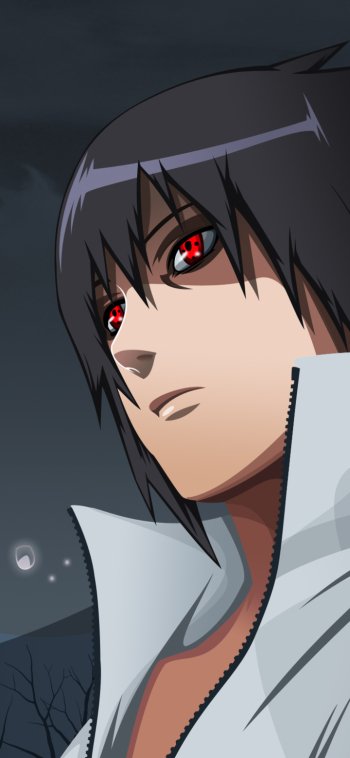 Sasuke Uchiha (Naruto anime) close-up with glowing Sharingan against a moody night sky, phone wallpaper for iPhone and Android.