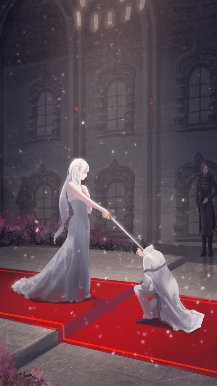 Anime phone wallpaper of Emilia (Re:ZERO) and Subaru Natsuki from Re:Zero - Starting Life in Another World: Emilia in a silver gown taps Subaru kneeling on a snowy red carpet.