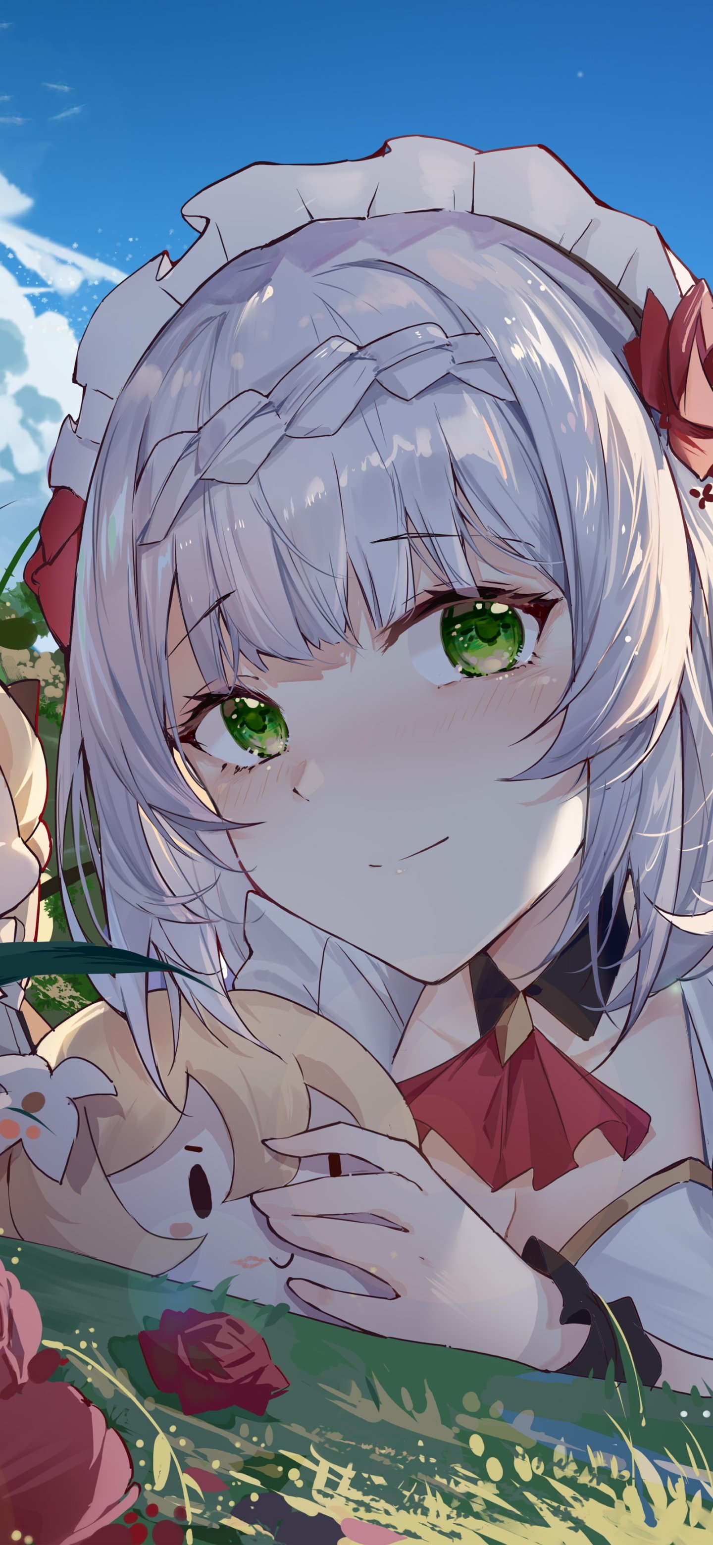 Phone wallpaper featuring Noelle and Lumine from Genshin Impact, showcasing vibrant anime-style art with detailed characters against a bright blue sky background.