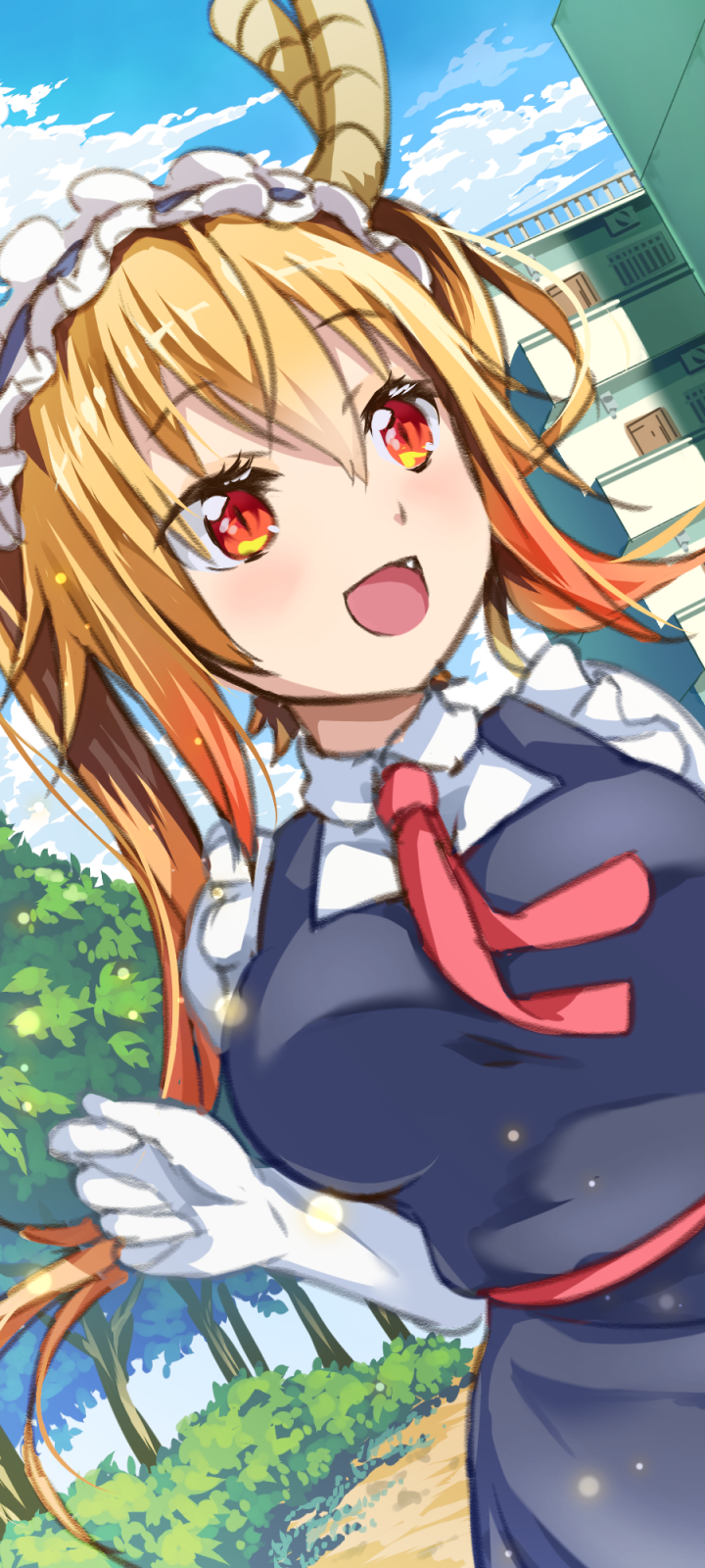 Phone wallpaper featuring Tohru from the anime Miss Kobayashi's Dragon Maid, smiling in her maid outfit with horns against a sunny sky and leafy background.