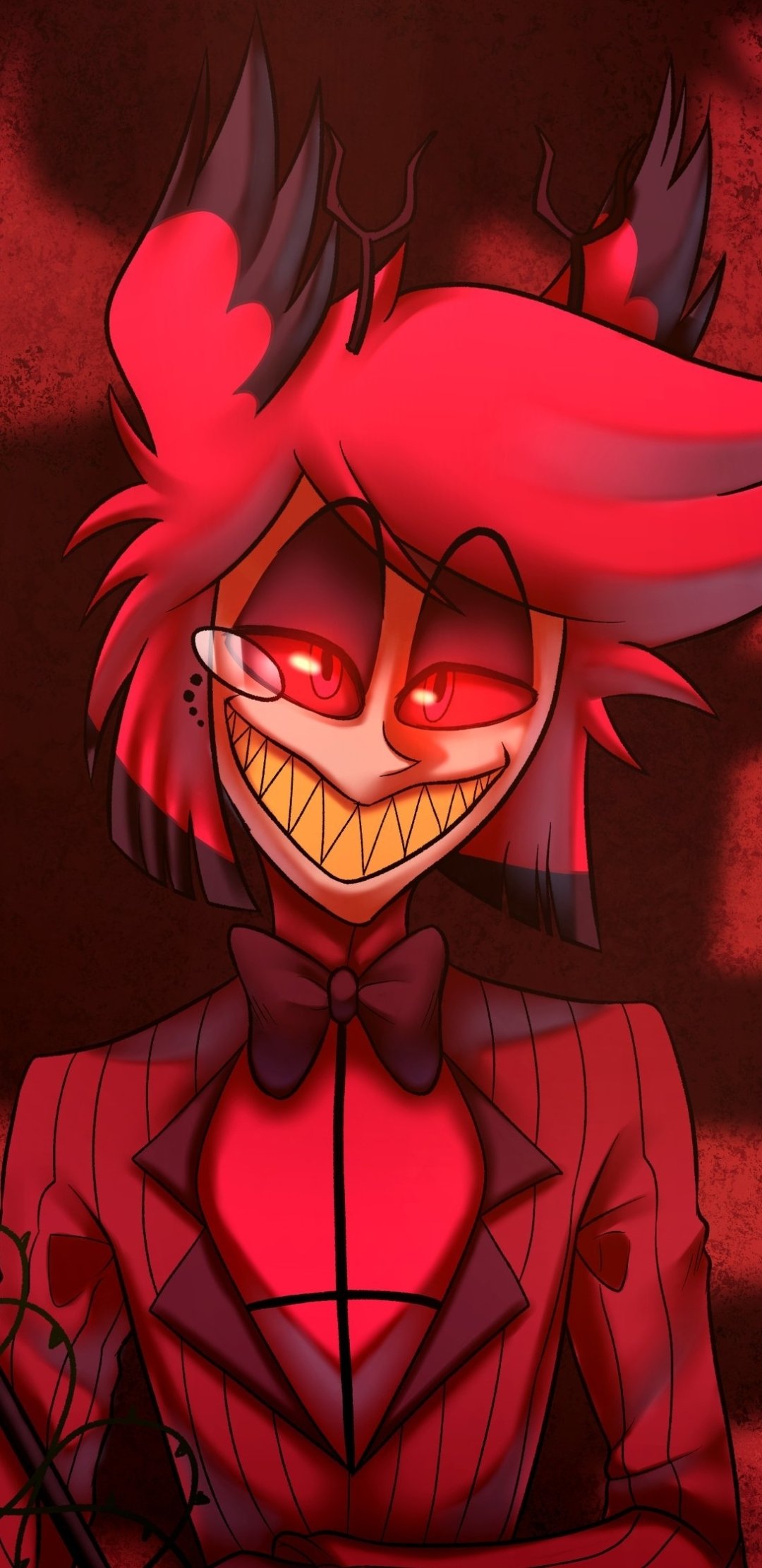 Phone wallpaper featuring Alastor from the TV show Hazbin Hotel, showcasing his distinctive red and black color scheme and menacing grin.