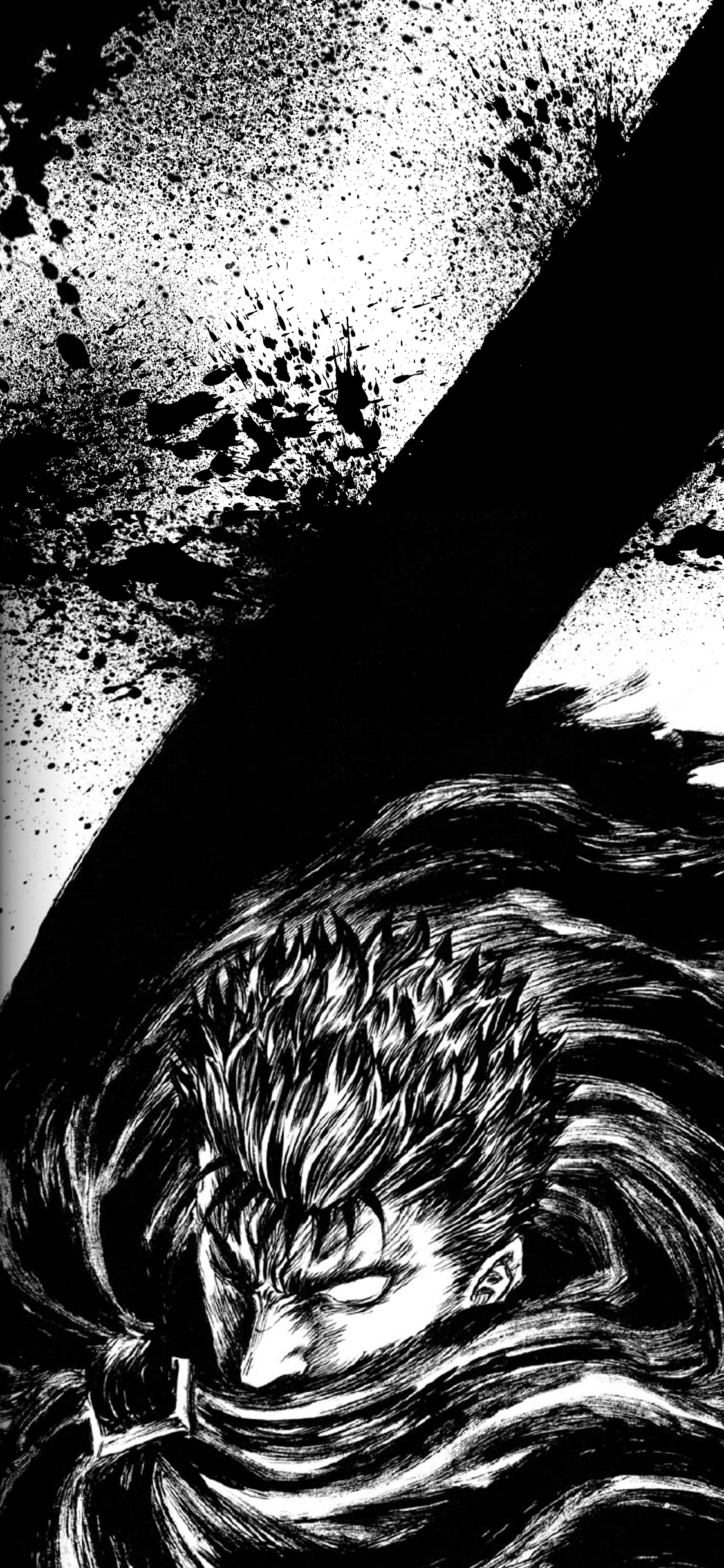 Black-and-white anime wallpaper from Berserk featuring a close-up of a fierce character with textured hair and intense shading, designed for iPhone and Android screens.