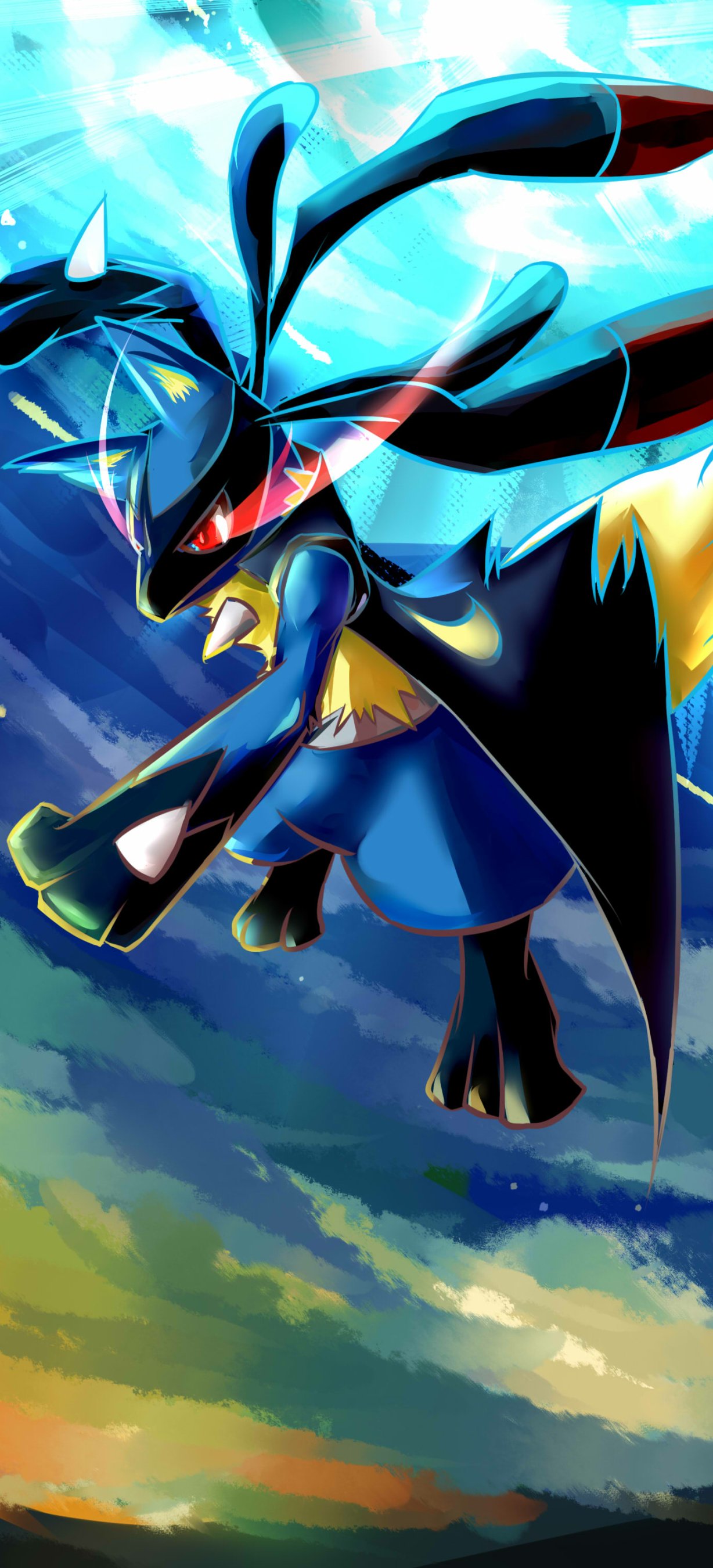 Vertical phone wallpaper of Lucario from Pokémon in anime style, lunging through a glowing blue aura with energy trails against a dramatic sky.