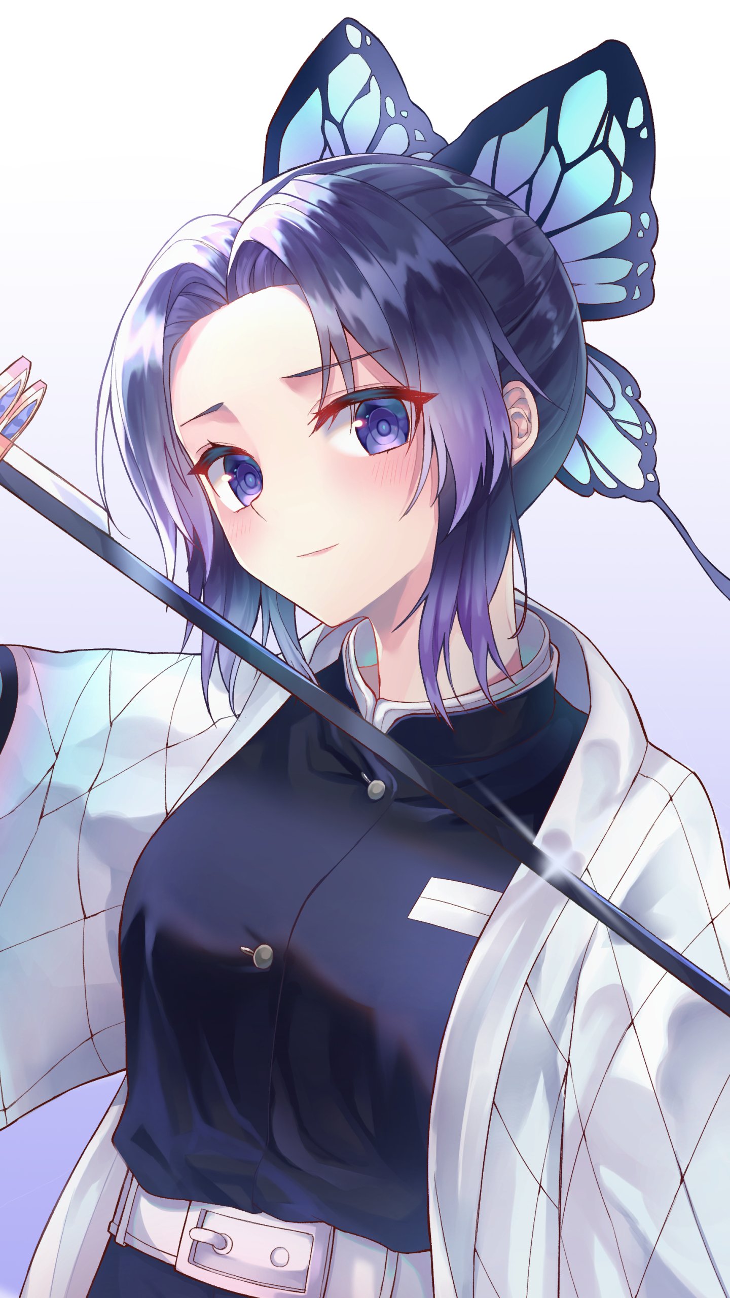 Shinobu Kochou (Demon Slayer: Kimetsu no Yaiba) — anime phone wallpaper of her with purple hair, butterfly hairpin, gentle smile and a thin sword across her shoulder.