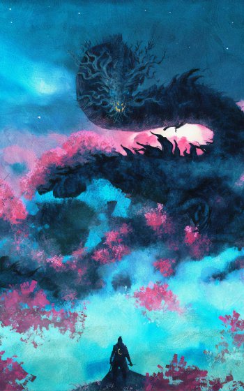 Phone wallpaper featuring a warrior facing a towering dragon amid pink blossoms, inspired by the video game Sekiro: Shadows Die Twice, designed for iPhone and Android screens.