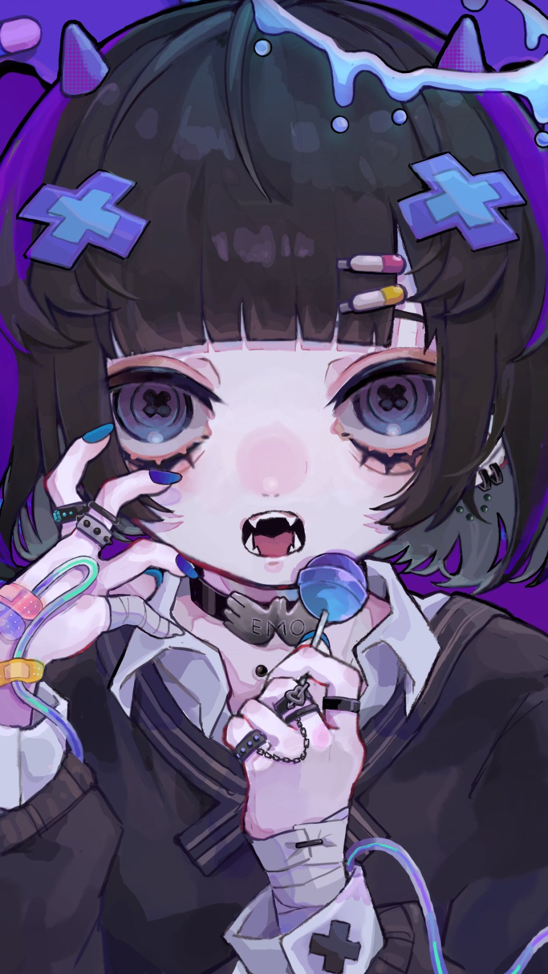 Phone wallpaper of an anime girl with a gothic vibe: short dark bob, purple cross clips and bows, bandages, small fangs, large expressive eyes, clutching a lollipop.