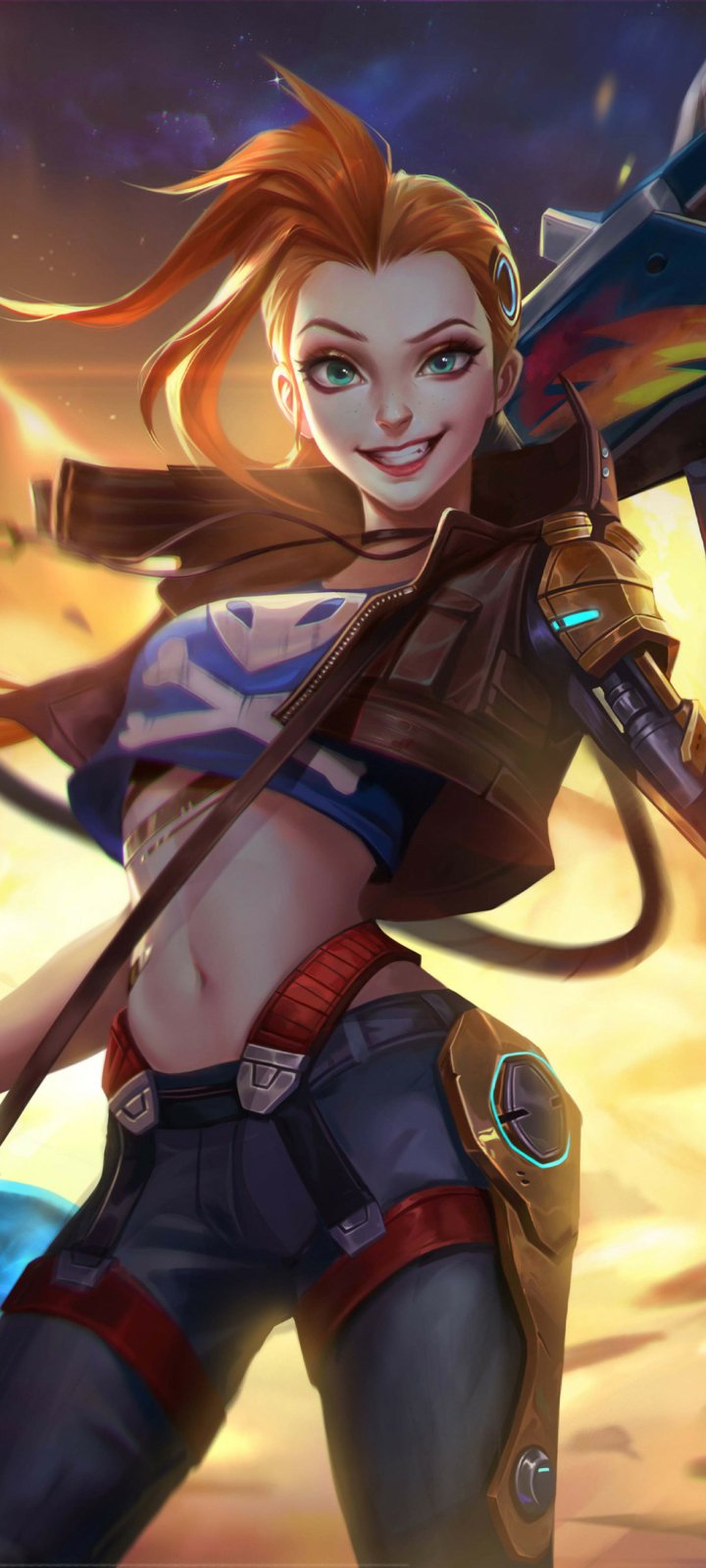 Phone wallpaper of League of Legends' Jinx — a bold woman warrior grinning and wielding a large futuristic gun against a glowing, fiery sky.