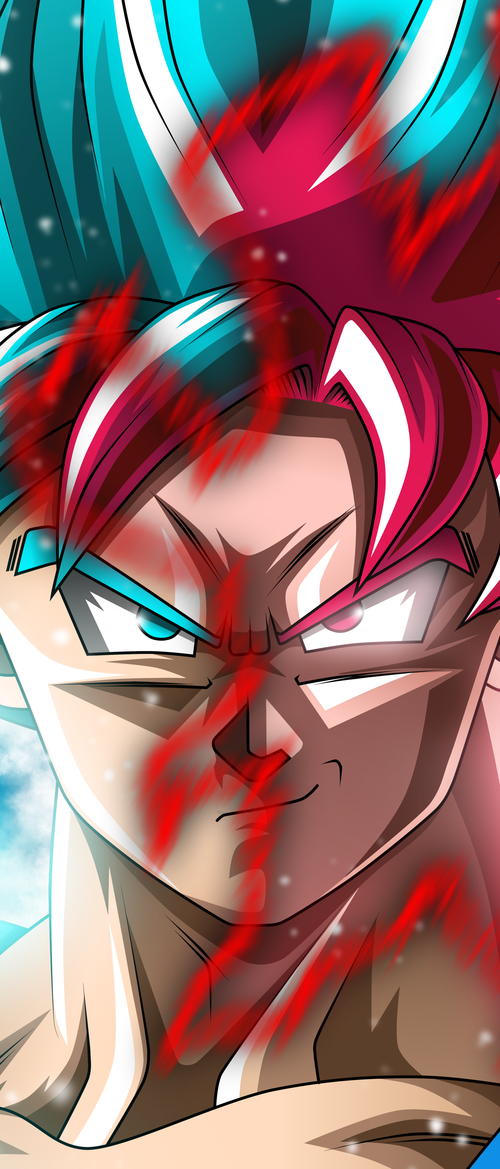 Vibrant phone wallpaper featuring Goku from Dragon Ball Super, split between his Super Saiyan Blue and Super Saiyan Rose forms, designed for iPhone and Android displays.